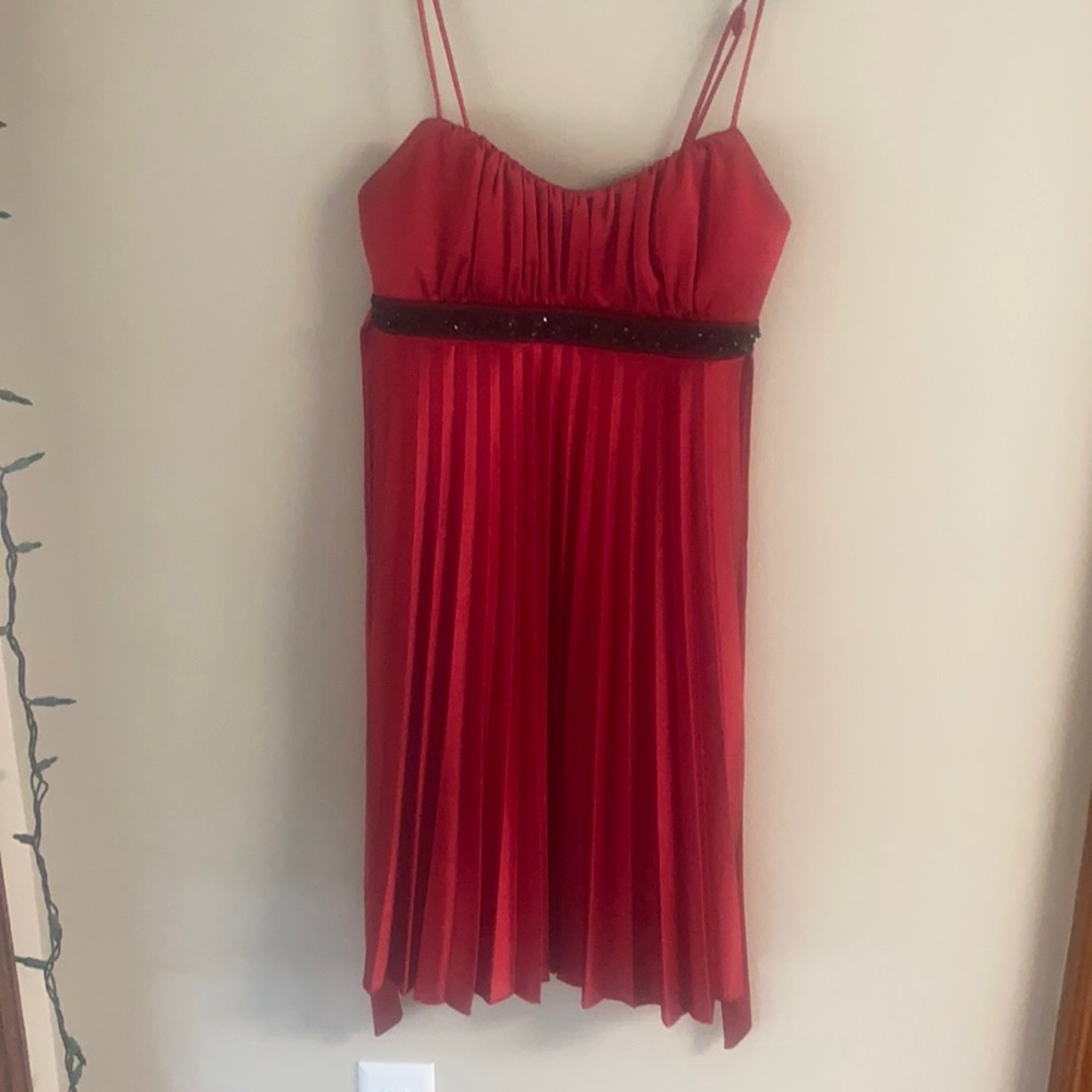 Red silky formal dress with black beaded band